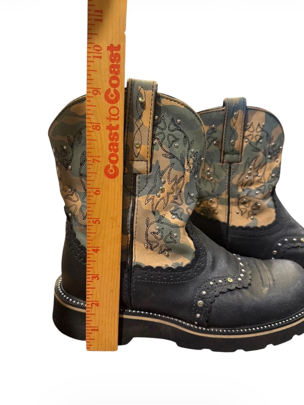 Ariat Fatbaby Western Boots Womens 8.5B Black Camo Floral Studded Leather Cowboy - Picture 8 of 15
